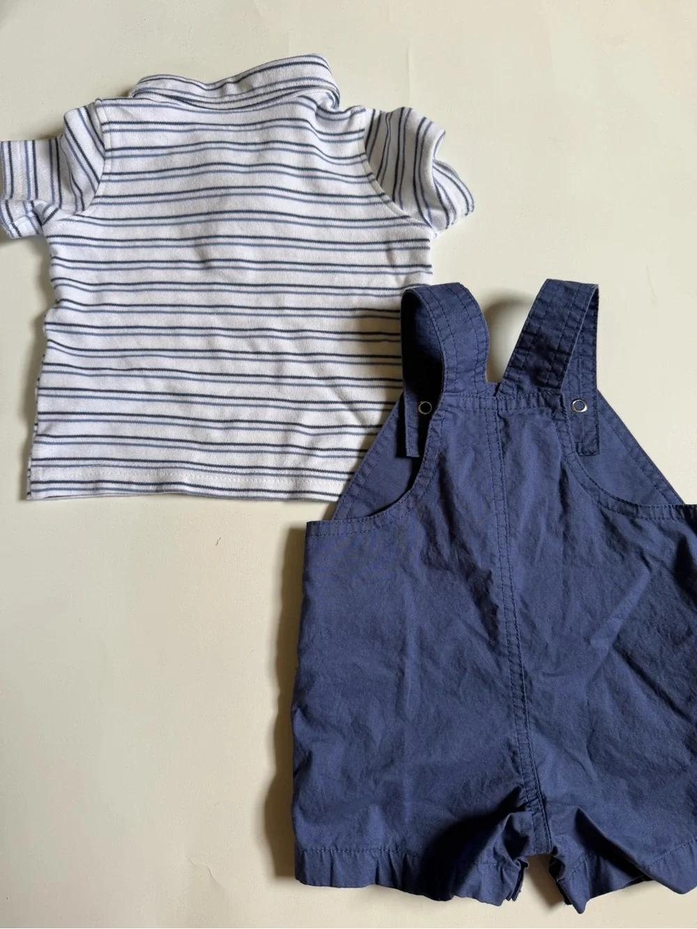 Carter's Navy Blue Short Overalls with White & Navy Striped Polo